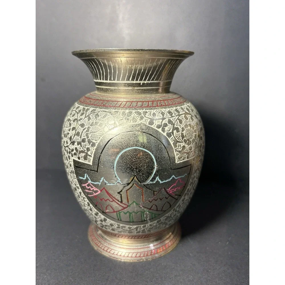 VTG Indian Brass Etched Vase 6